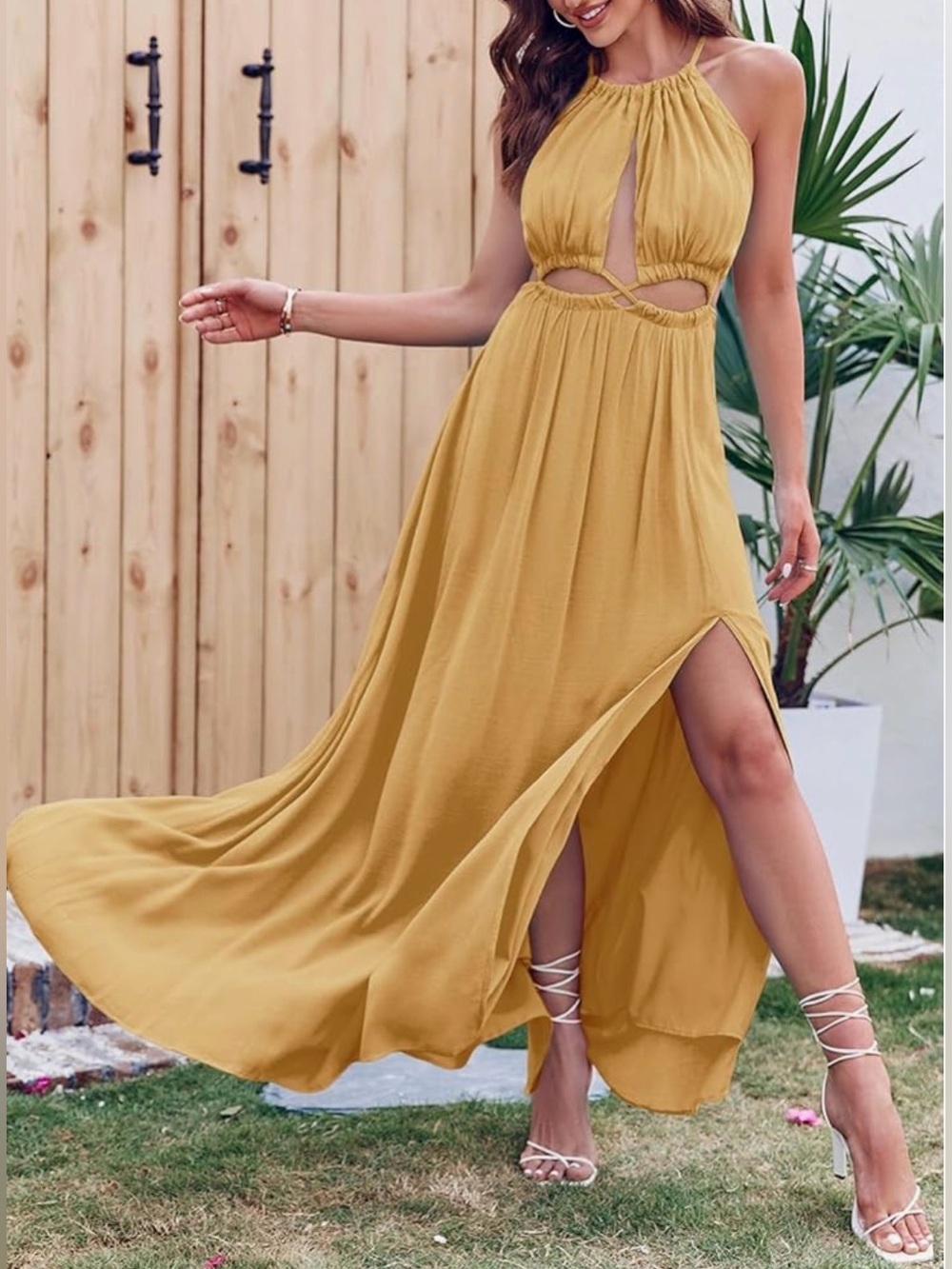 Halter dress w/ cutouts around waist. Front slit Stretchy waist. Subtle yellow M - Picture 2 of 12